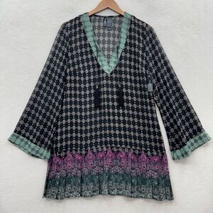 Bisou Bisou Women’s Large Bohemian Rhapsody  Sheer Long Sleeve Tunic Dress NWT